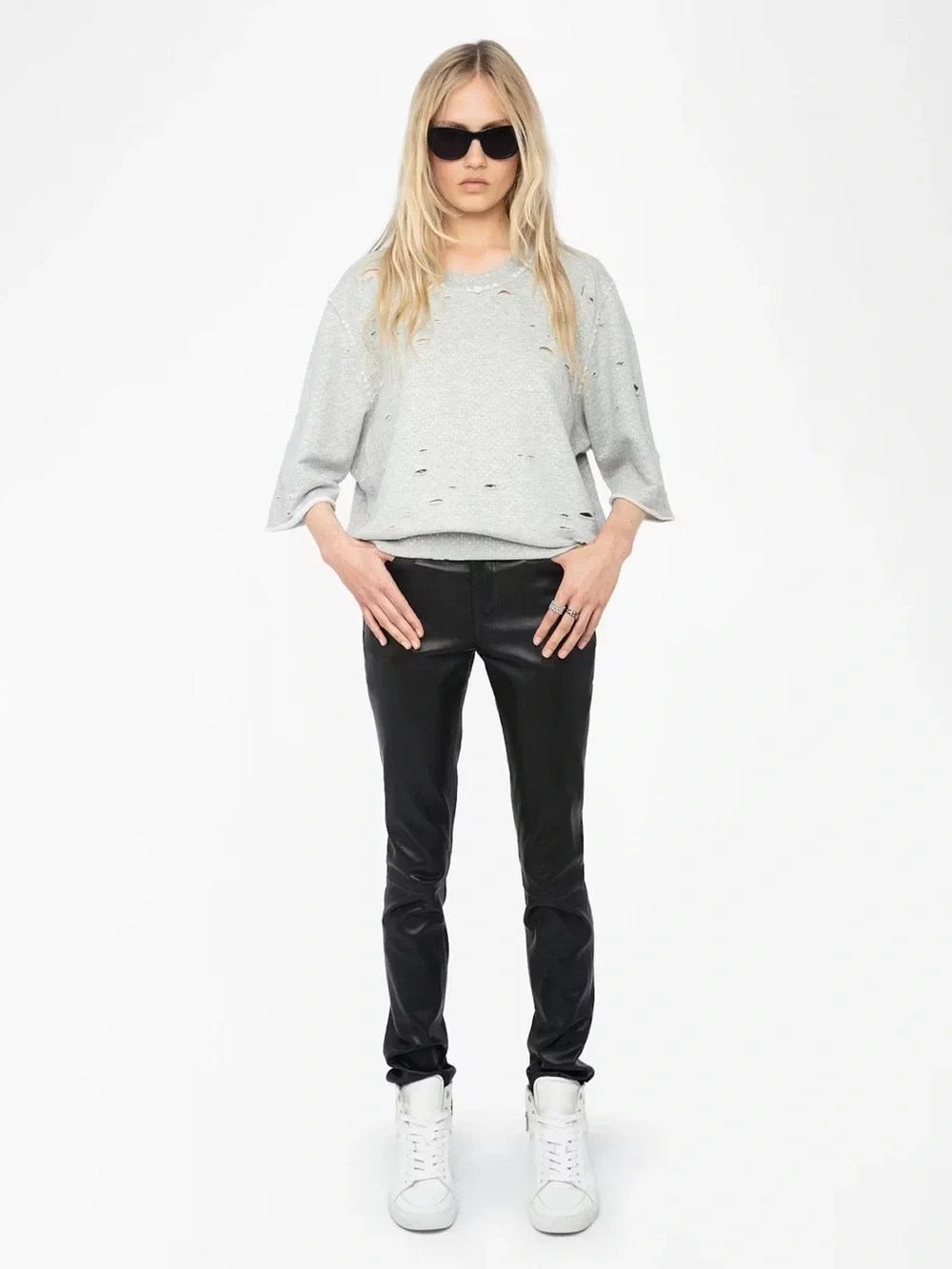 Zadig & Voltaire Edmond Strass Distressed Rhinestone Sweatshirt NWT XS/S Gray - Picture 5 of 11
